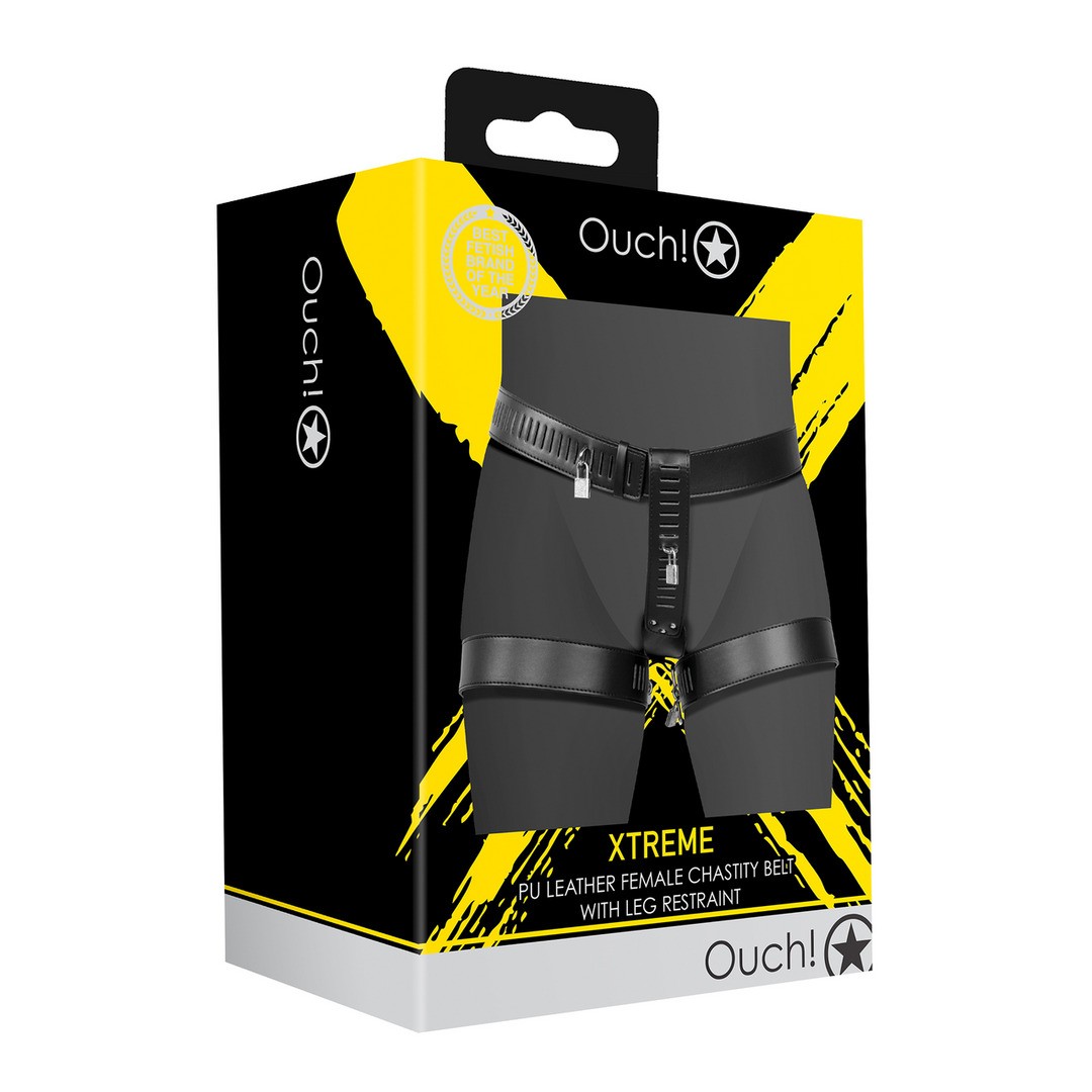 OUCH! XTREME PU LEATHER FEMALE CHASTITY BELT WITH LEG RESTRAINT